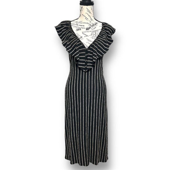 New Zara Size L Black Striped Ruffle V-Neck Midi Dress Sleeveless Open Back Boho - Picture 2 of 9